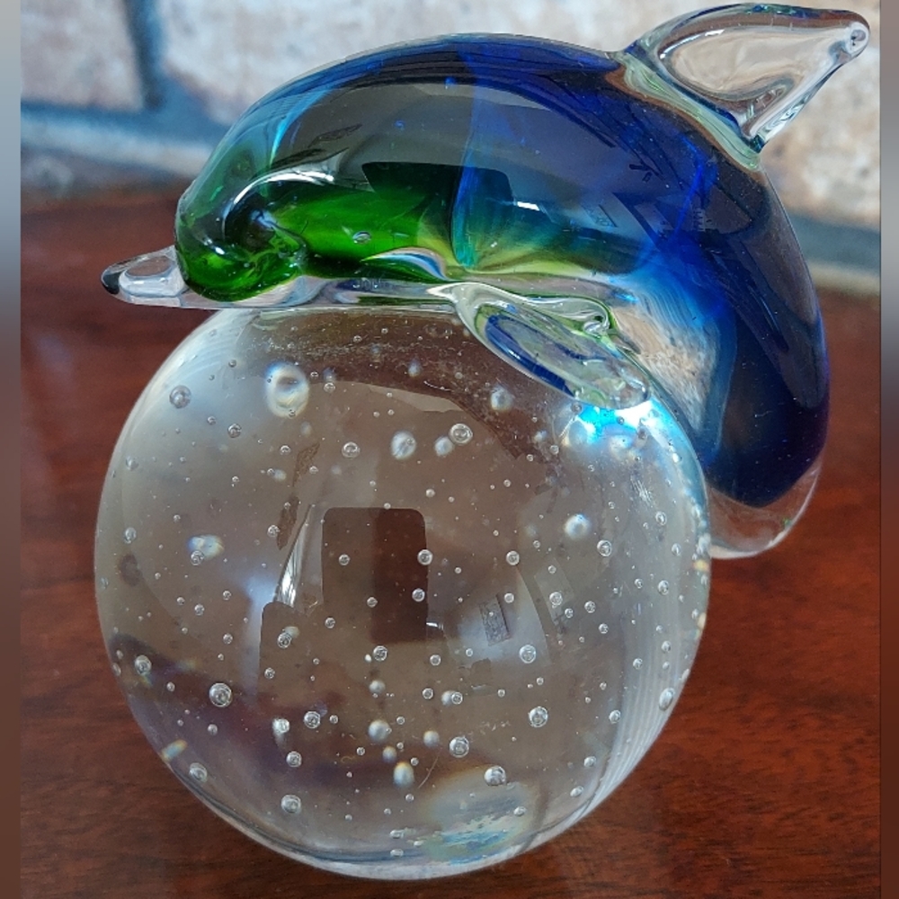 Art Glass Paperweight Blue Green Dolphin  Clear Bubble Glass Ball Sphere